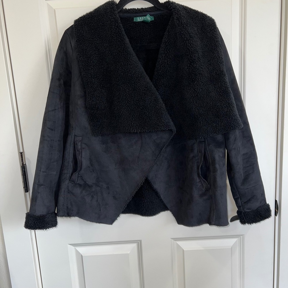 Lauren Ralph Lauren Faux Suede & Sherpa Open Drape‎ Jacket Black Size Medium
